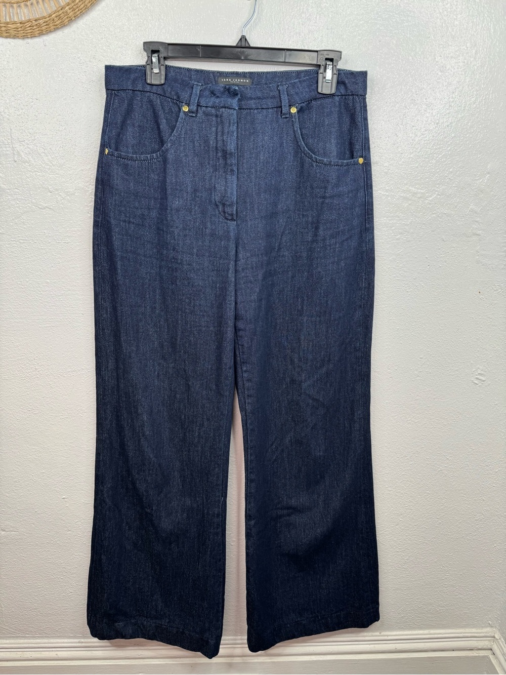 Tara Jarmon Paris Jeans Womens Size L Blue Dark Wash High Rise Wide-Leg Trouser